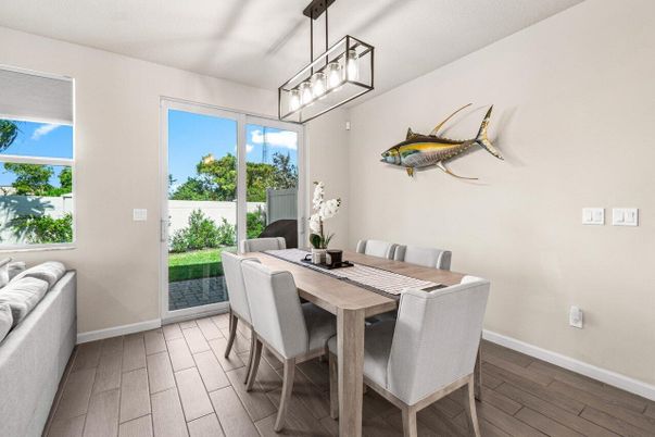 Dining room, Interior, Pendant Lights, Wood Texture Flooring