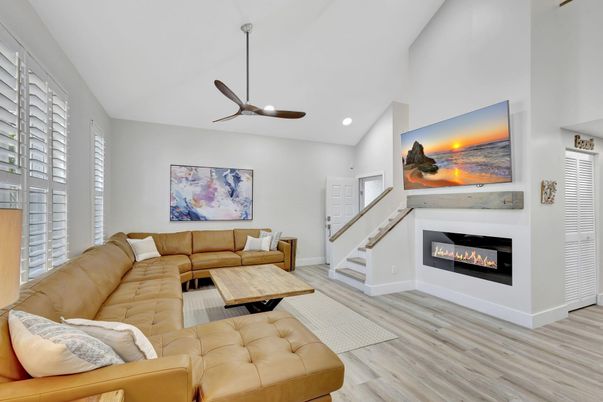 Fireplace, Interior, Living room, Recessed Lighting, Wood Texture Flooring