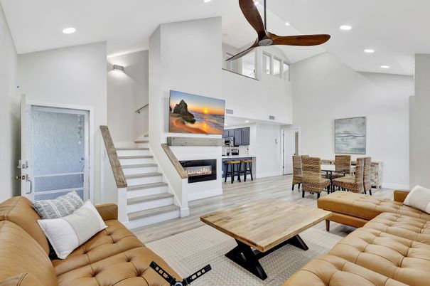 Dining room, Fireplace, Interior, Living room, Recessed Lighting, Wood Texture Flooring