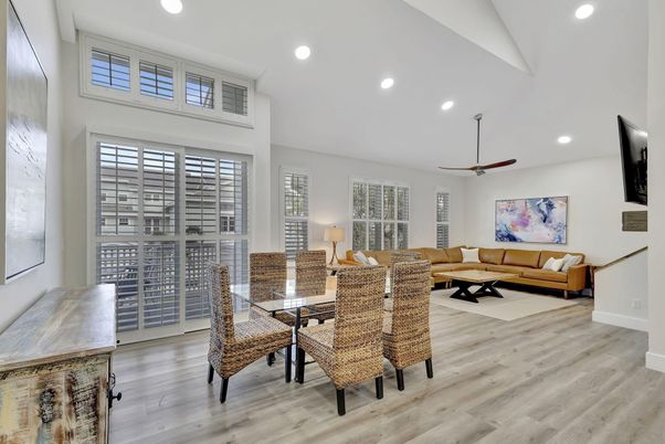 Dining room, Interior, Living room, Recessed Lighting, Wood Texture Flooring
