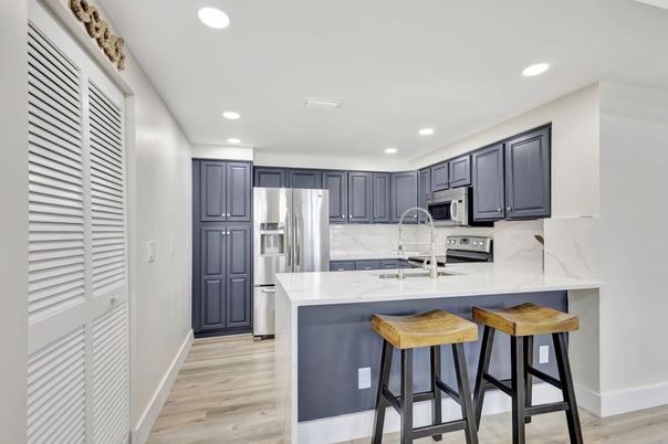 Interior, Kitchen, Recessed Lighting, Stainless Steel Appliances, Wood Texture Flooring