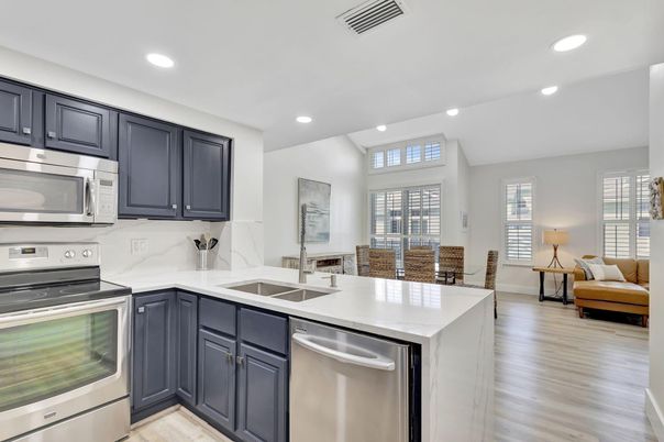 Interior, Kitchen, Living room, Recessed Lighting, Stainless Steel Appliances, Wood Texture Flooring