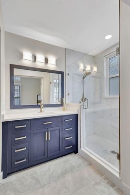 Bathroom, Dual Sink Vanities, Glass Shower, Interior, Marble Walls, Recessed Lighting
