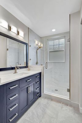 Bathroom, Dual Sink Vanities, Glass Shower, Interior, Marble Walls, Recessed Lighting