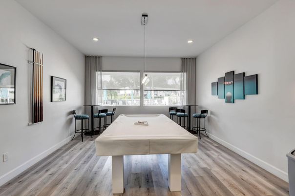 Billiard Table, Game Room, Interior, Pendant Lights, Recessed Lighting, Wood Texture Flooring