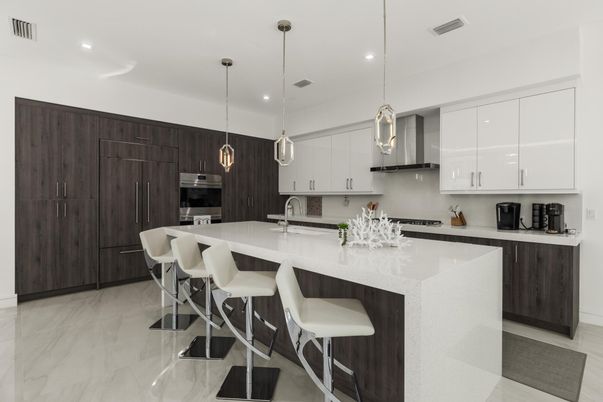 Interior, Kitchen, Marble, Pendant Lights, Recessed Lighting, Stainless Steel Appliances