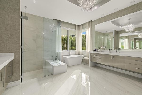 Bathroom, Dual Sink Vanities, Free Standing Baths, Glass Shower, Interior, Marble, Marble Walls, Pendant Lights, Recessed Lighting