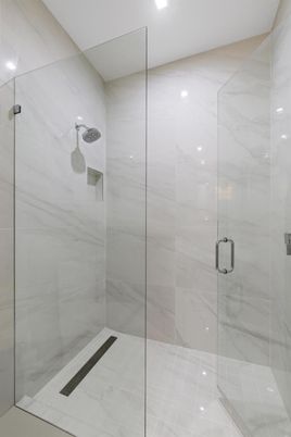 Bathroom, Glass Shower, Interior, Marble Walls, Recessed Lighting