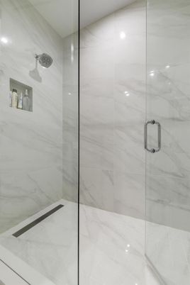 Bathroom, Glass Shower, Interior, Marble Walls, Recessed Lighting