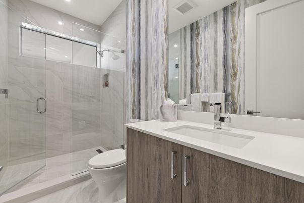 Bathroom, Glass Shower, Interior, Marble Walls, Recessed Lighting
