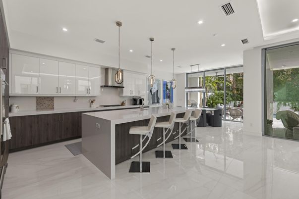 Interior, Kitchen, Marble, Pendant Lights, Recessed Lighting, Stainless Steel Appliances