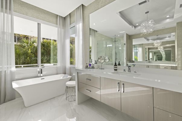 Bathroom, Dual Sink Vanities, Free Standing Baths, Glass Shower, Interior, Marble, Pendant Lights, Recessed Lighting