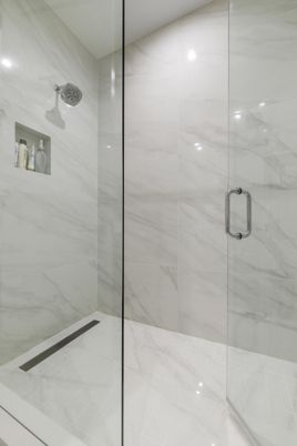 Bathroom, Glass Shower, Interior, Marble Walls, Recessed Lighting