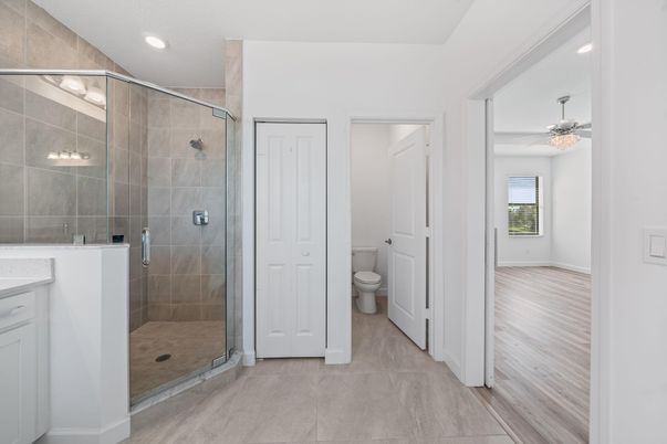 Bathroom, Glass Shower, Interior, Recessed Lighting, Wood Texture Flooring