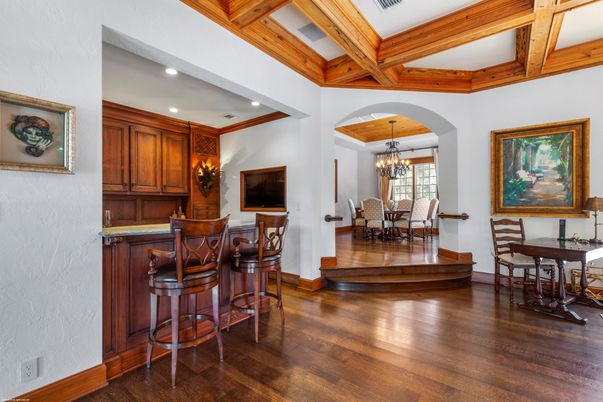 Chandelier, Dining room, Interior, Recessed Lighting, Wooden Beams, Wood Texture Flooring