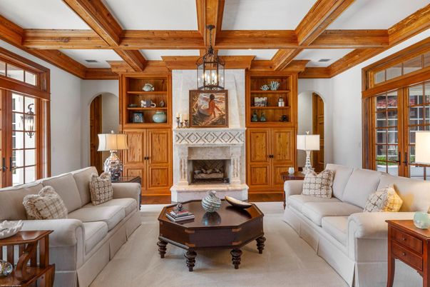 Fireplace, Interior, Living room, Pendant Lights, Wooden Beams
