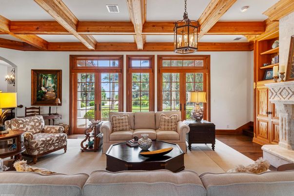 Fireplace, Interior, Living room, Pendant Lights, Recessed Lighting, Wooden Beams, Wood Texture Flooring