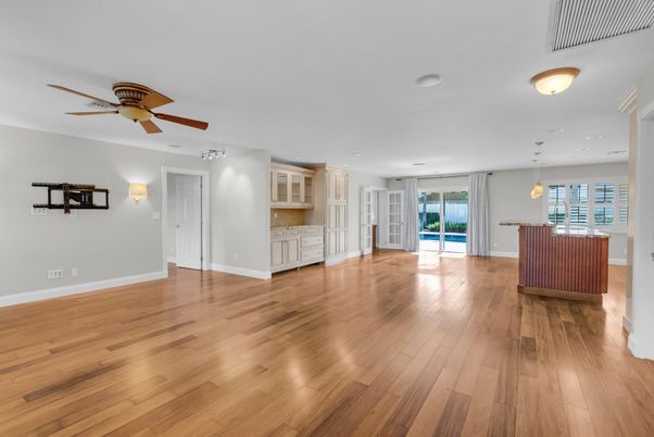 Empty room, Interior, Pendant Lights, Recessed Lighting, Wood Texture Flooring