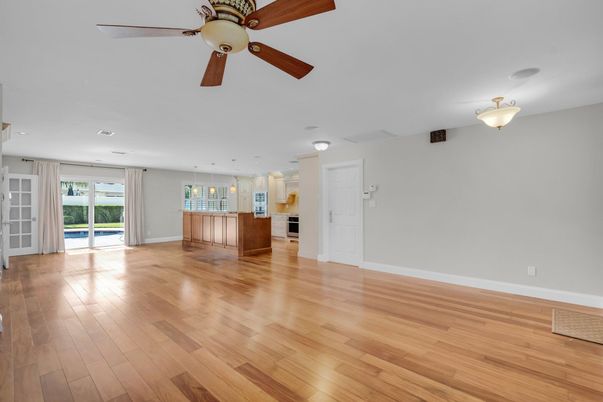 Empty room, Interior, Kitchen, Pendant Lights, Wood Texture Flooring