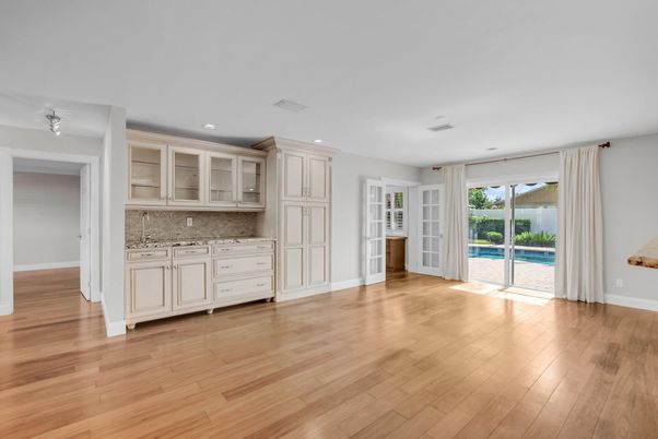 Empty room, Interior, Kitchen, Recessed Lighting, Wood Texture Flooring
