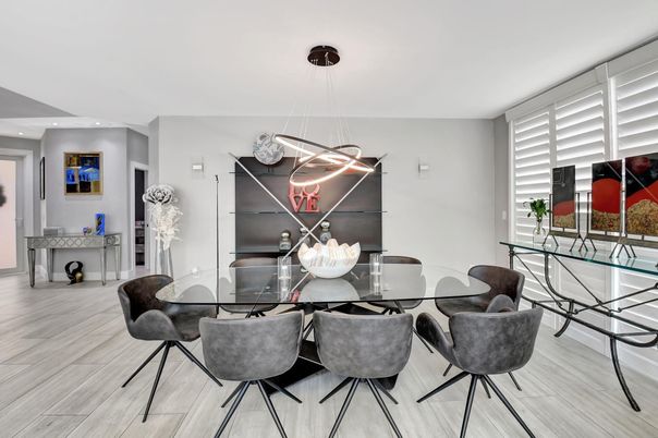 Dining room, Interior, Pendant Lights, Wood Texture Flooring