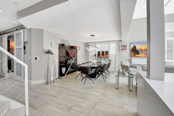 Dining room, Interior, Pendant Lights, Recessed Lighting, Wood Texture Flooring