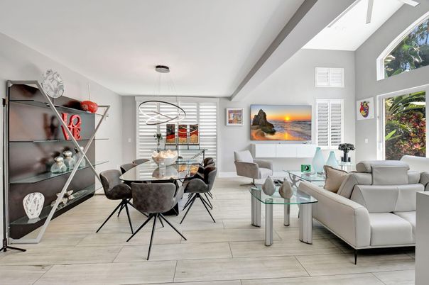 Dining room, Interior, Living room, Pendant Lights, Wood Texture Flooring