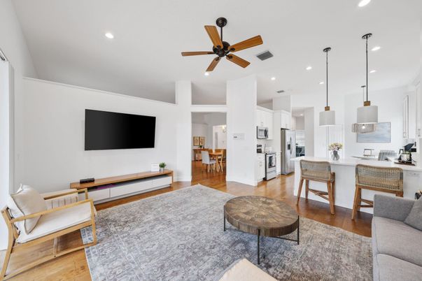 Interior, Kitchen, Pendant Lights, Recessed Lighting, Stainless Steel Appliances, Wood Texture Flooring