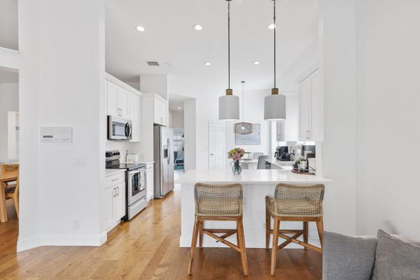Interior, Kitchen, Pendant Lights, Recessed Lighting, Stainless Steel Appliances, Wood Texture Flooring