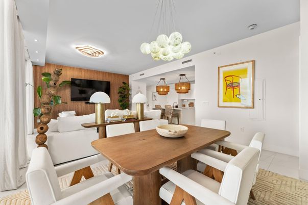 Dining room, Interior, Living room, Pendant Lights, Recessed Lighting, Wooden Walls