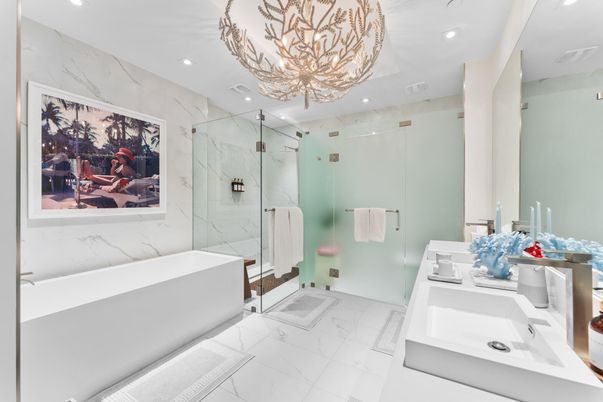 Bathroom, Chandelier, Glass Shower, Interior, Marble, Marble Walls, Recessed Lighting