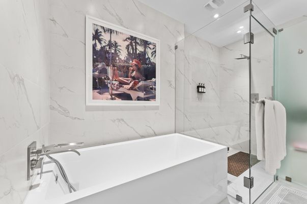 Bathroom, Glass Shower, Interior, Marble Walls, Recessed Lighting