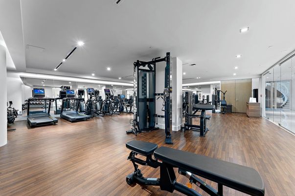 Fitness Equipment, Gym, Interior, Recessed Lighting, Wood Texture Flooring