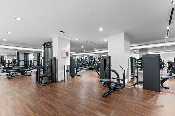 Fitness Equipment, Gym, Interior, Recessed Lighting, Wood Texture Flooring
