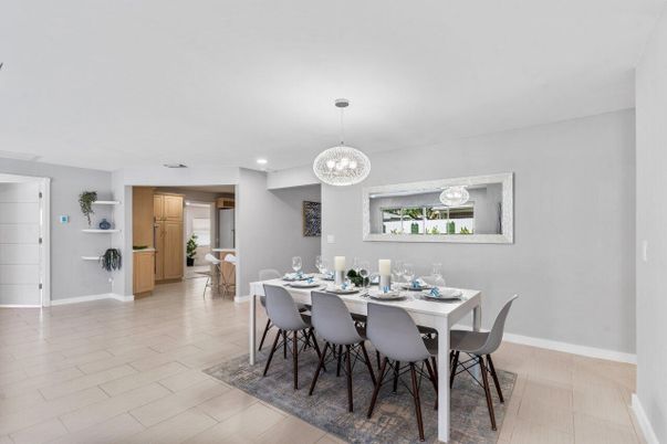 Dining room, Interior, Pendant Lights, Recessed Lighting, Wood Texture Flooring