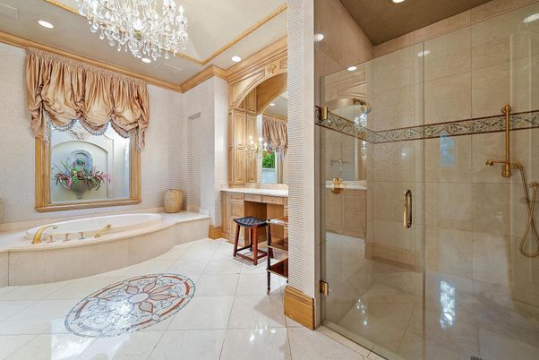 Bathroom, Chandelier, Glass Shower, Interior, Recessed Lighting