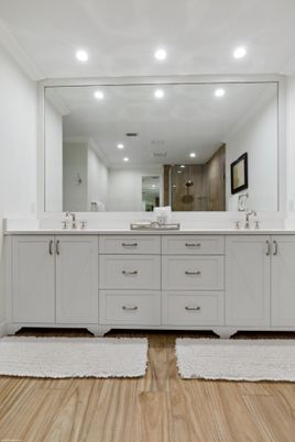Bathroom, Dual Sink Vanities, Interior, Recessed Lighting, Wood Texture Flooring