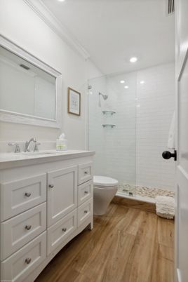 Bathroom, Glass Shower, Interior, Recessed Lighting, Wood Texture Flooring