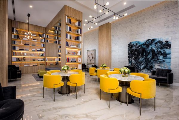Dining room, Interior, Marble, Pendant Lights, Recessed Lighting, Wooden Walls