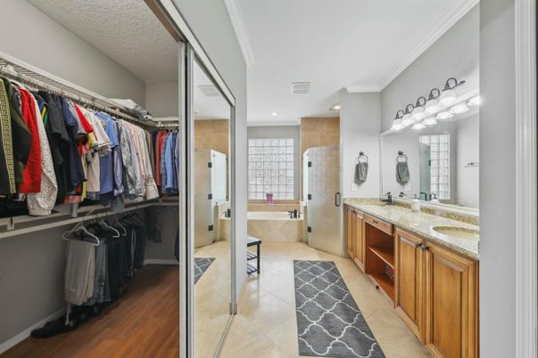 Bathroom, Dual Sink Vanities, Interior, Recessed Lighting, Walk-in Closets