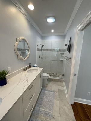 Bathroom, Dual Sink Vanities, Glass Shower, Interior, Recessed Lighting