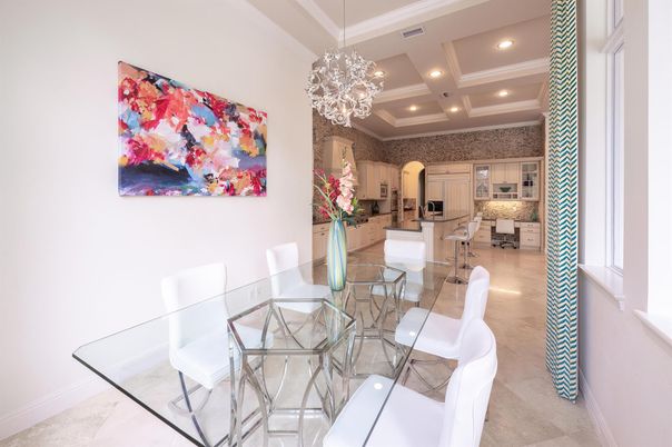 Chandelier, Dining room, Interior, Kitchen, Pendant Lights, Recessed Lighting, Stainless Steel Appliances