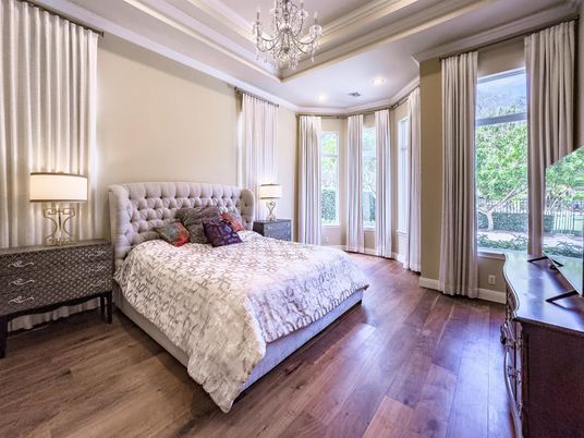 Bedroom, Chandelier, Interior, Recessed Lighting, Wood Texture Flooring