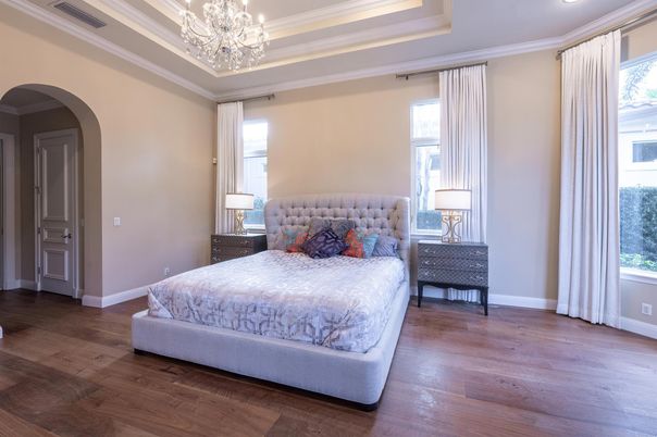 Bedroom, Chandelier, Interior, Recessed Lighting, Wood Texture Flooring