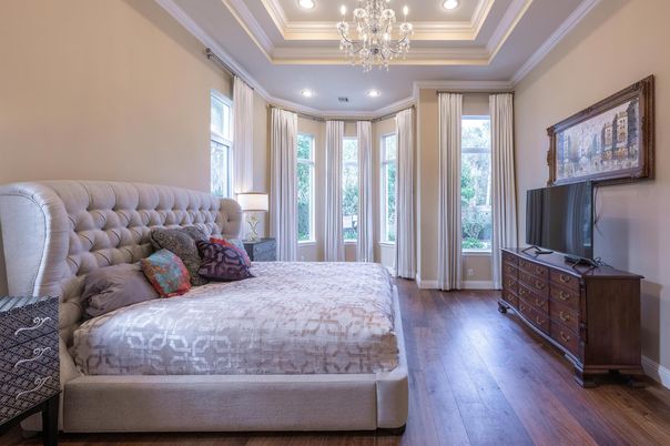 Bedroom, Chandelier, Interior, Recessed Lighting, Wood Texture Flooring