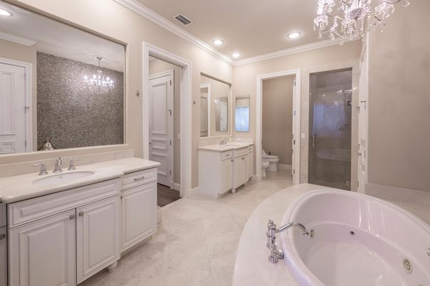 Bathroom, Chandelier, Dual Sink Vanities, Glass Shower, Interior, Recessed Lighting