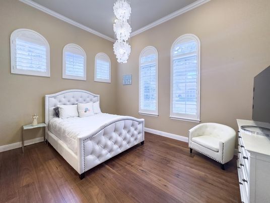 Bedroom, Chandelier, Interior, Wood Texture Flooring