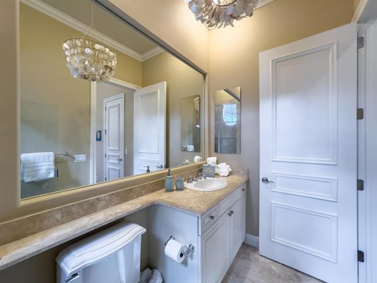 Bathroom, Chandelier, Dual Sink Vanities, Interior, Pendant Lights