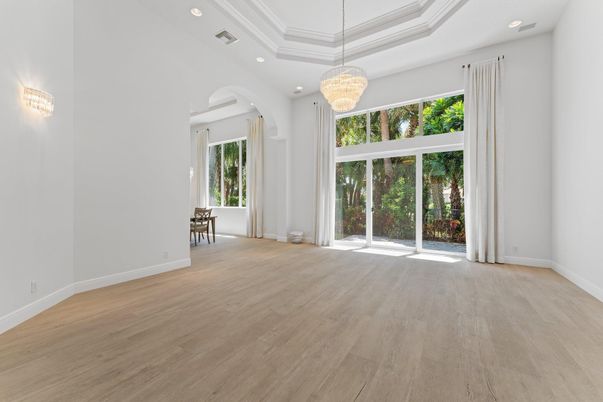 Chandelier, Empty room, Interior, Recessed Lighting, Wood Texture Flooring