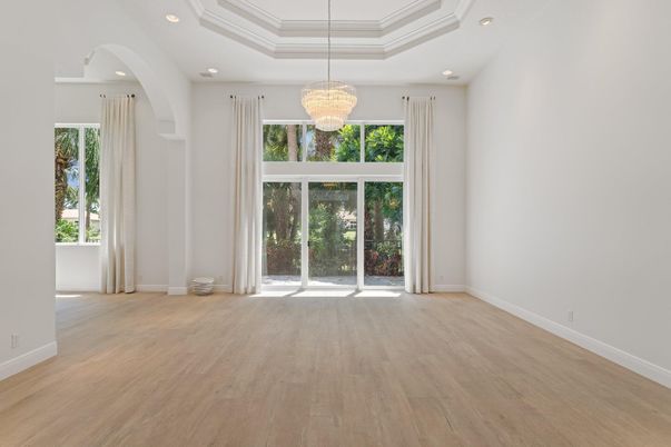 Chandelier, Empty room, Interior, Recessed Lighting, Wood Texture Flooring